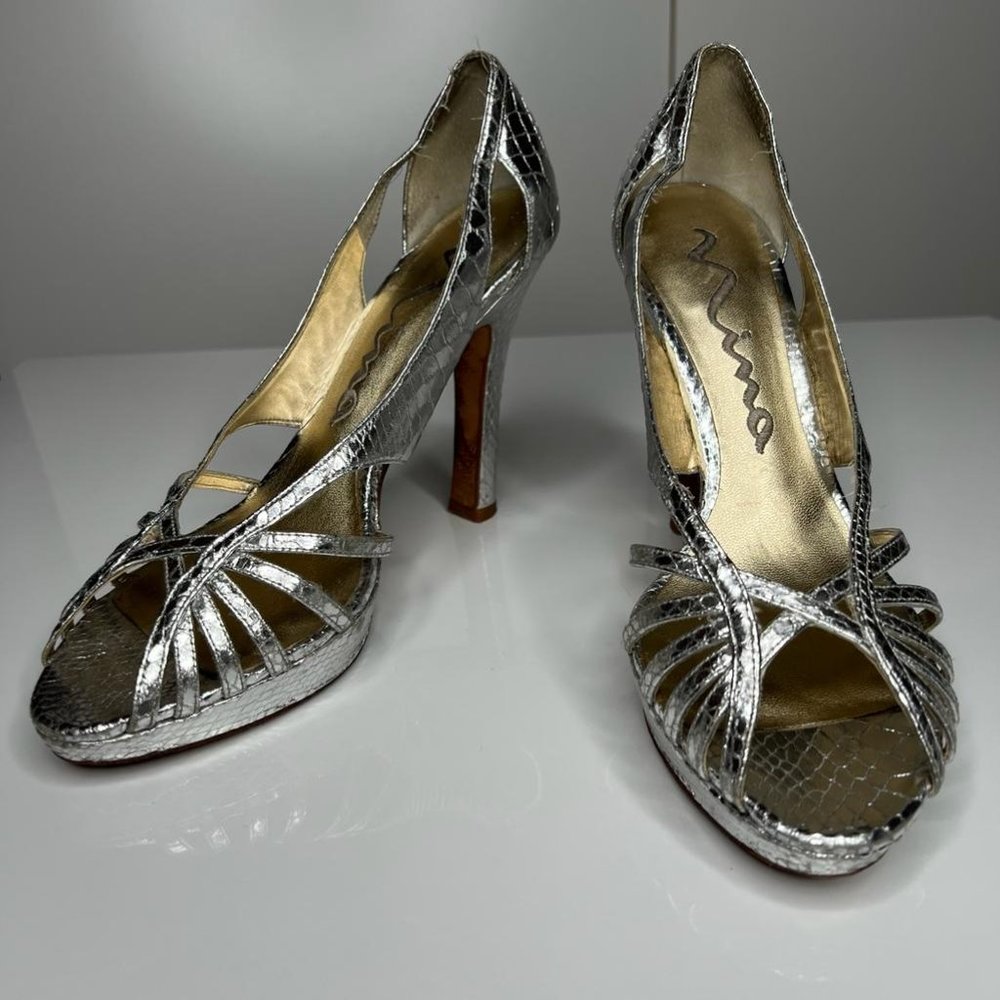 Nina Metallic Snakeskin Peep Toe Pump Heels